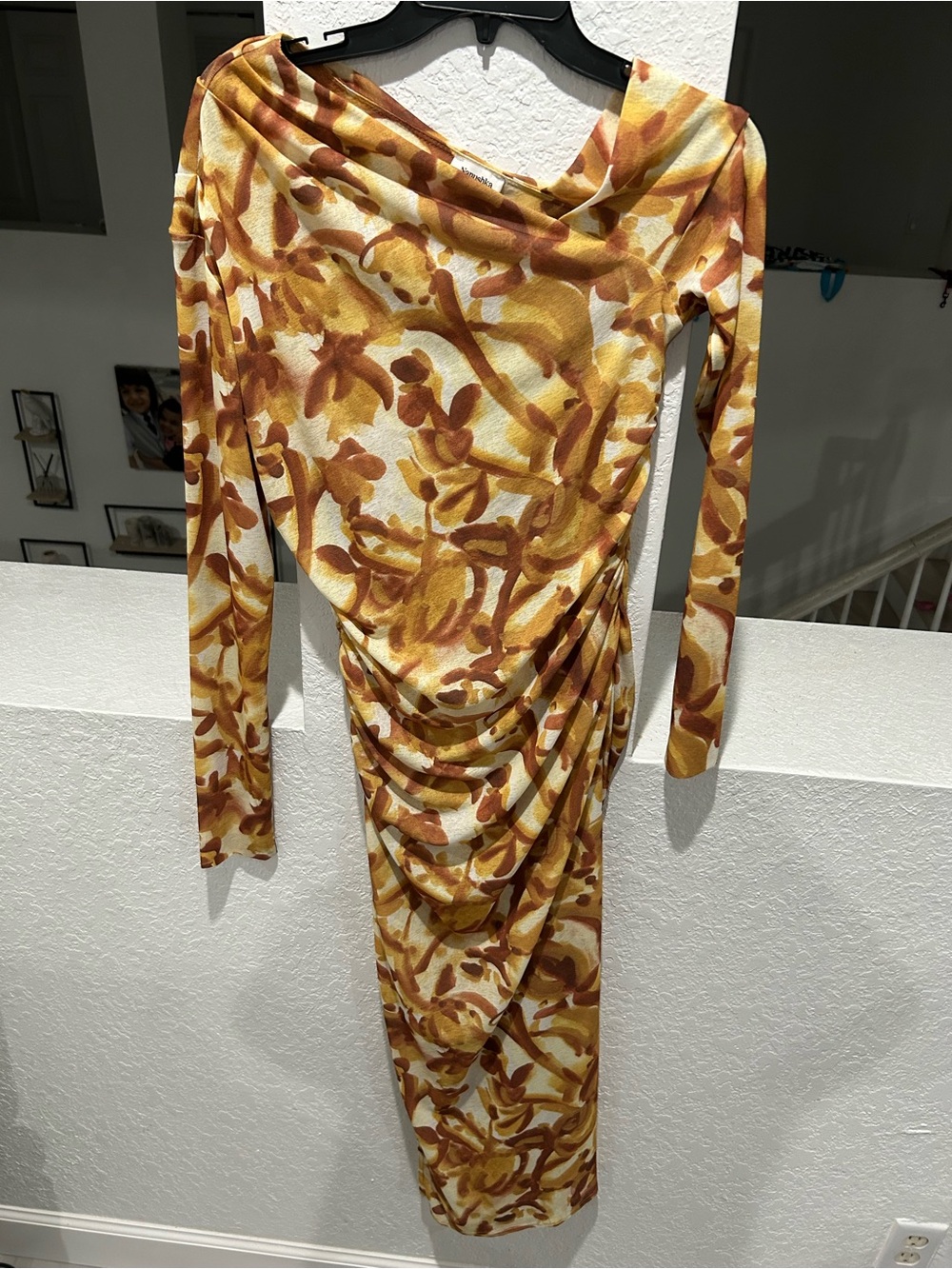 Nanushka Mustard and Brown Long Sleeve Draped Midi Dress